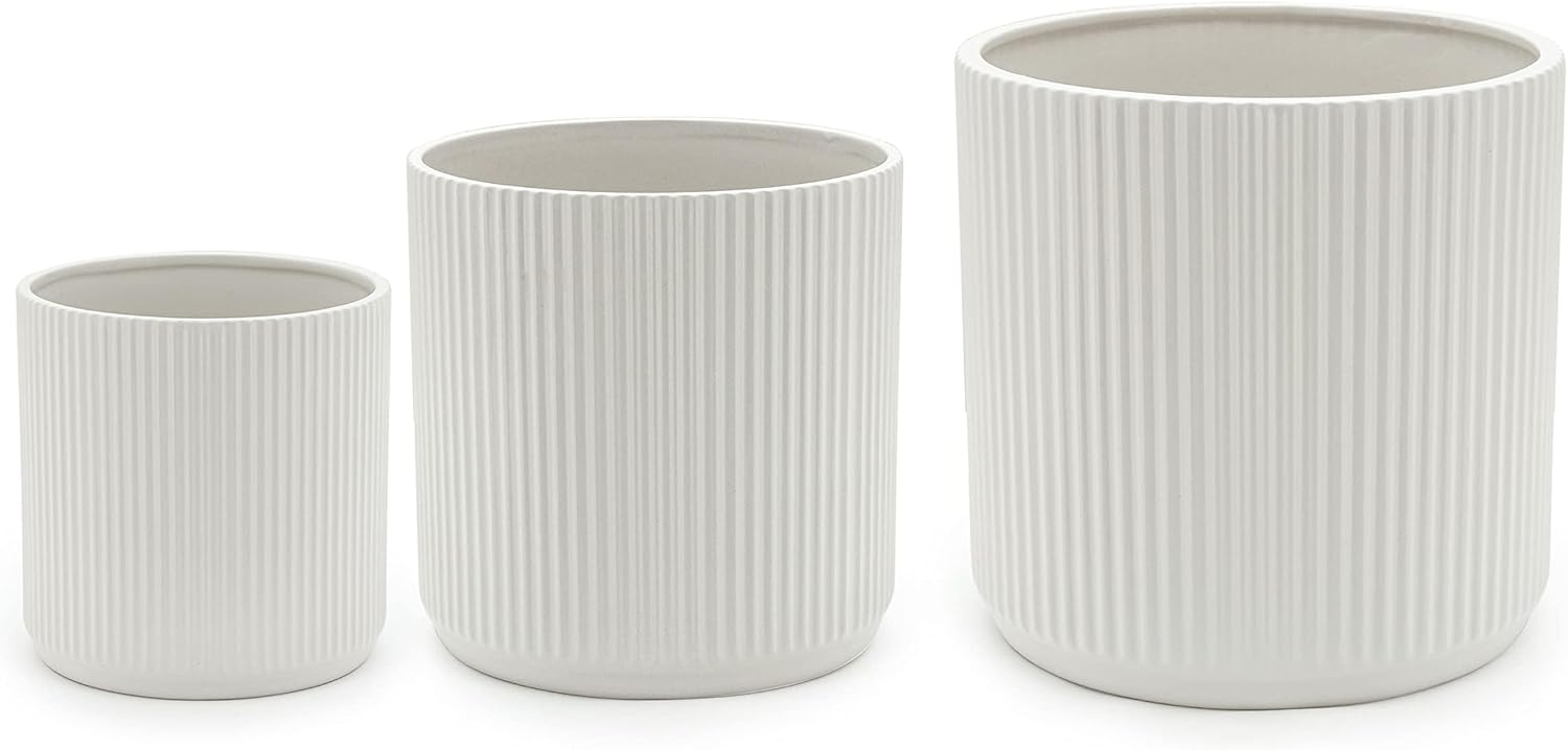 Ceramic Plant Pots Set of 3 White Fluted Planters 15 20 25cm