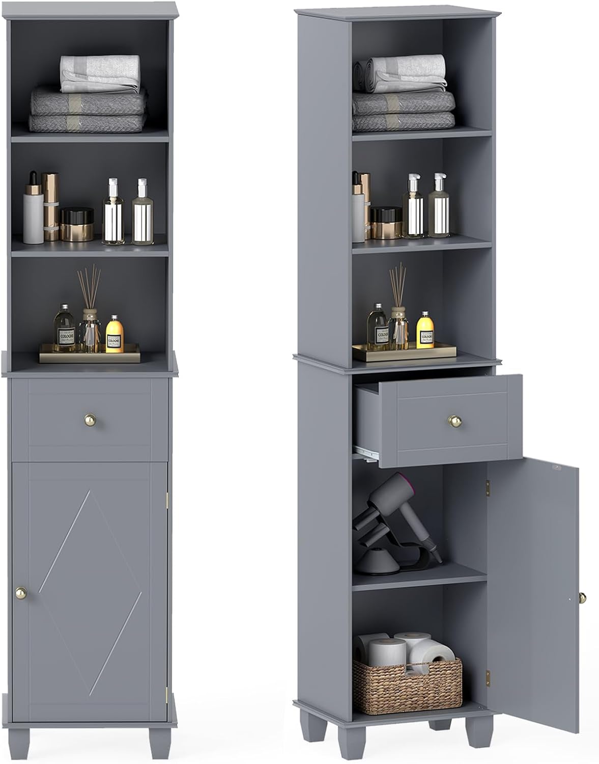 Slim Tall Storage Cabinet Grey Drawer Shelf Door Unit