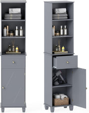 Slim Tall Storage Cabinet Grey Drawer Shelf Door Unit