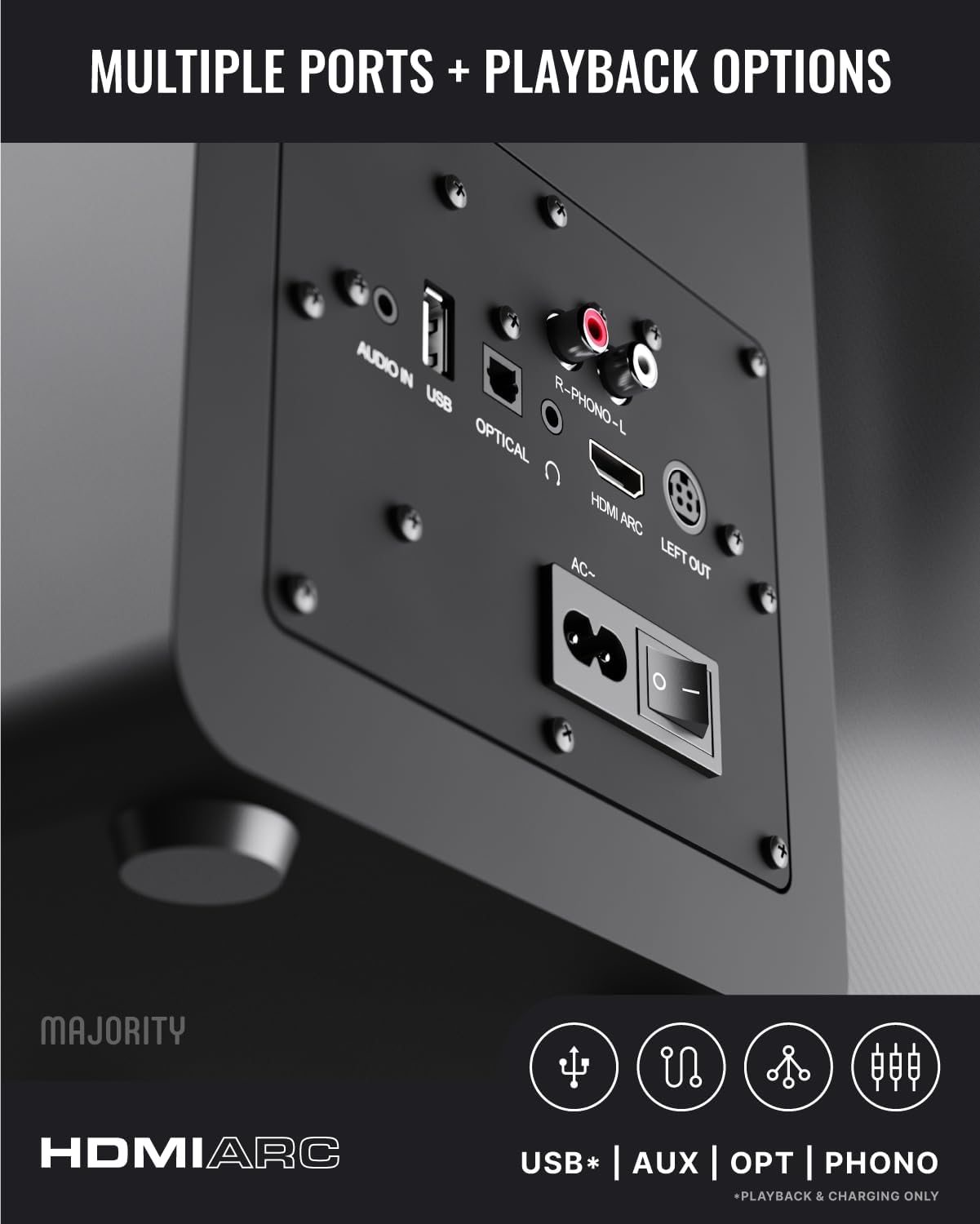 Active Bookshelf Speakers 100W Bluetooth HDMI ARC Phono USB Stereo