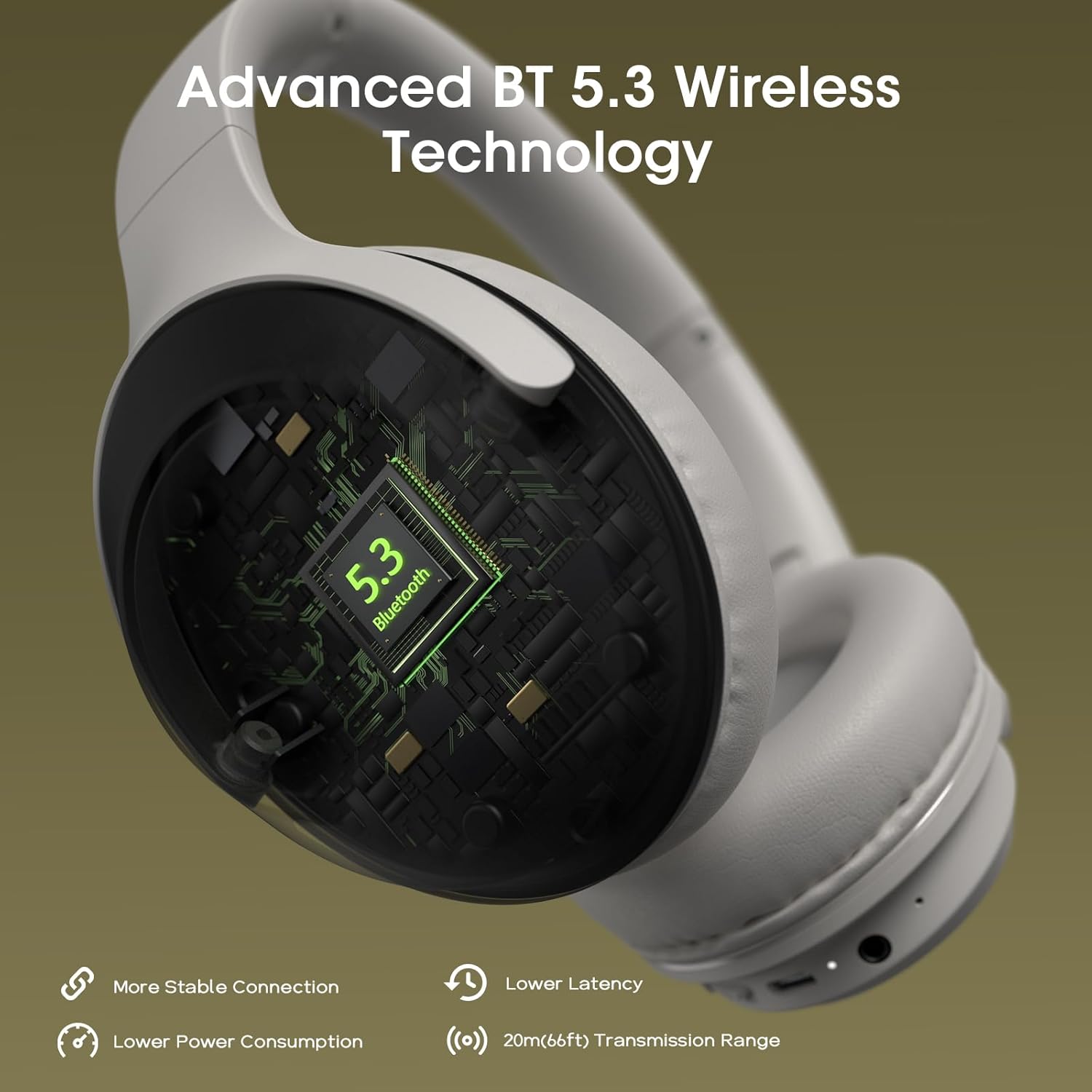 Wireless Bluetooth Over Ear Headphones 70 Hour Battery 3 EQ Light Grey