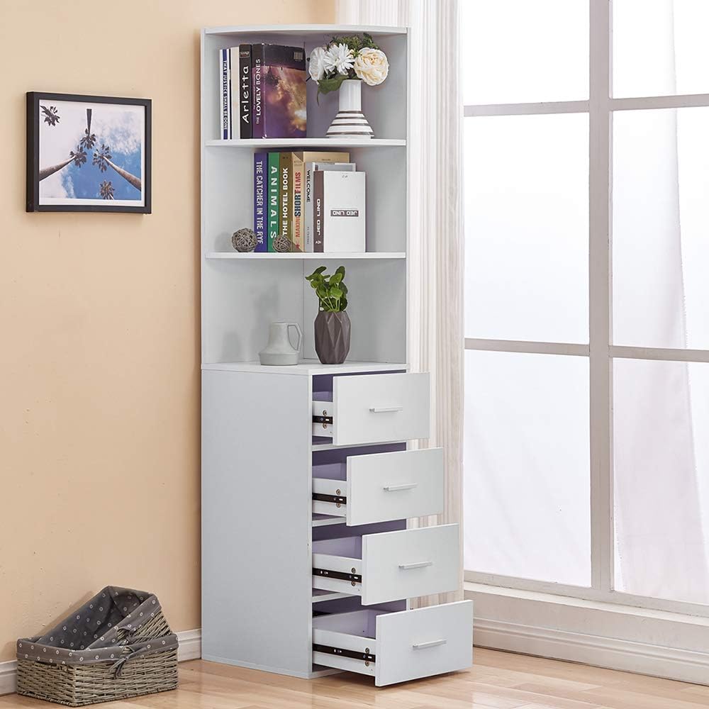 Tall Bathroom Cabinet White 8 Shelf 2 Door Storage Unit