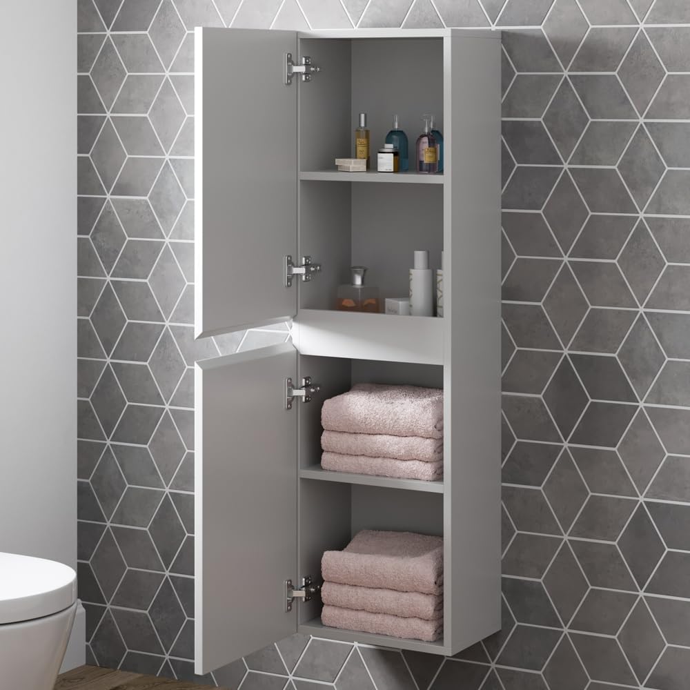 Wall Mounted Tall Bathroom Cabinet White Gloss 2 Door