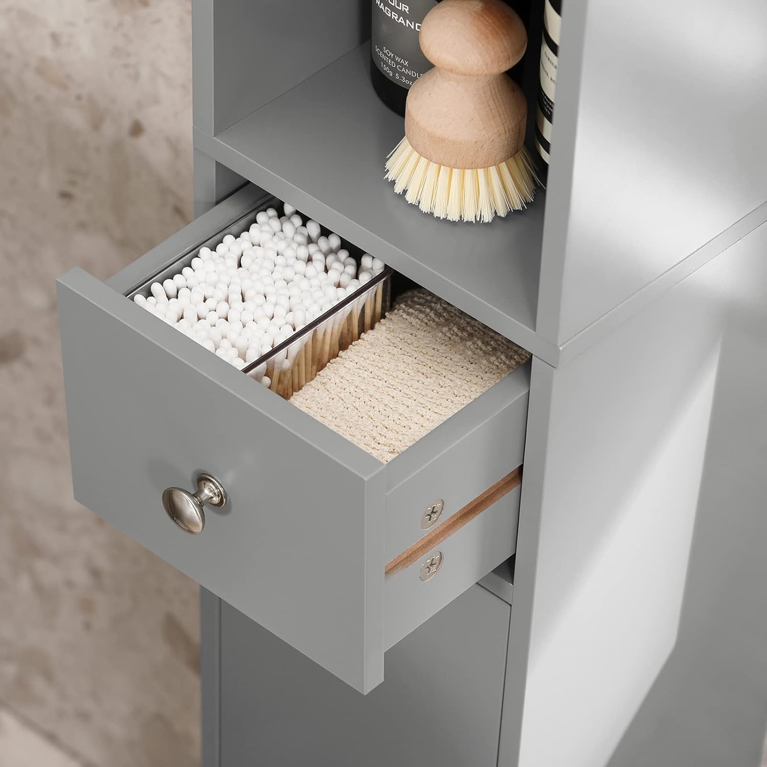 Slim Tall Bathroom Cabinet 20cm Grey Drawer Shelves 180cm