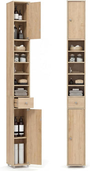 Tall Slim Bathroom Storage Cabinet Drawer Shelves Natural Wood