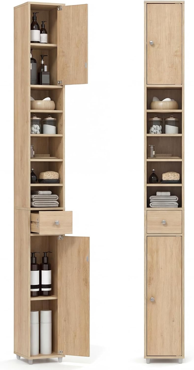 Tall Slim Bathroom Storage Cabinet Drawer Shelves Natural Wood