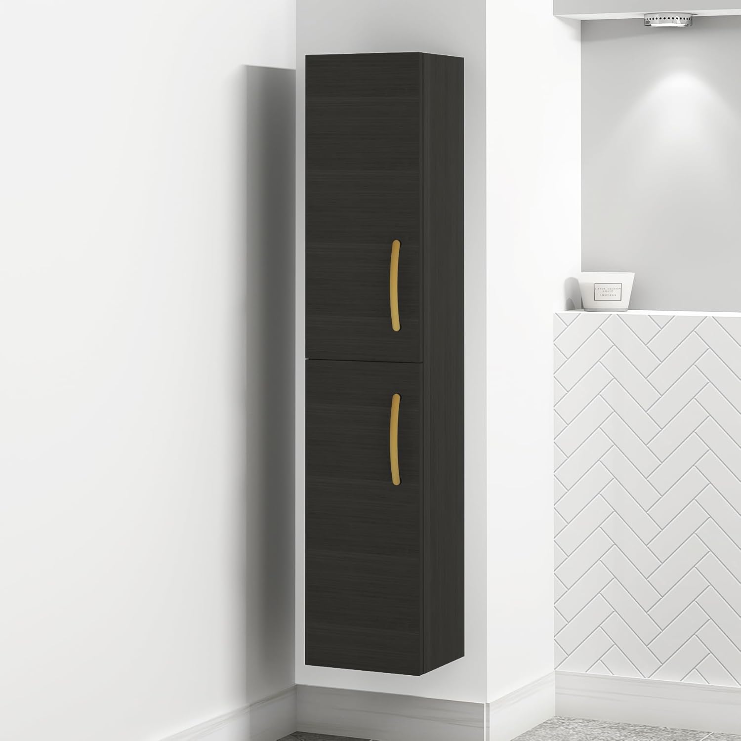 Matte Black Wall Hung Tall Bathroom Cabinet Gold Handle