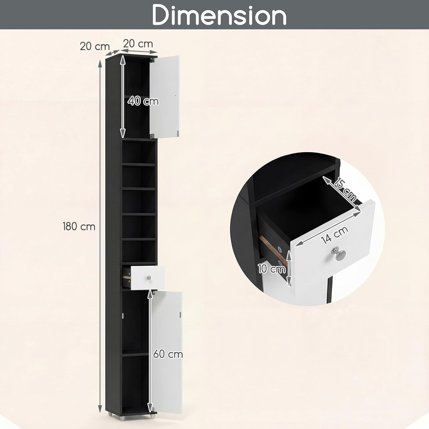 Tall Slim Storage Cabinet Black White Drawer Shelf Unit
