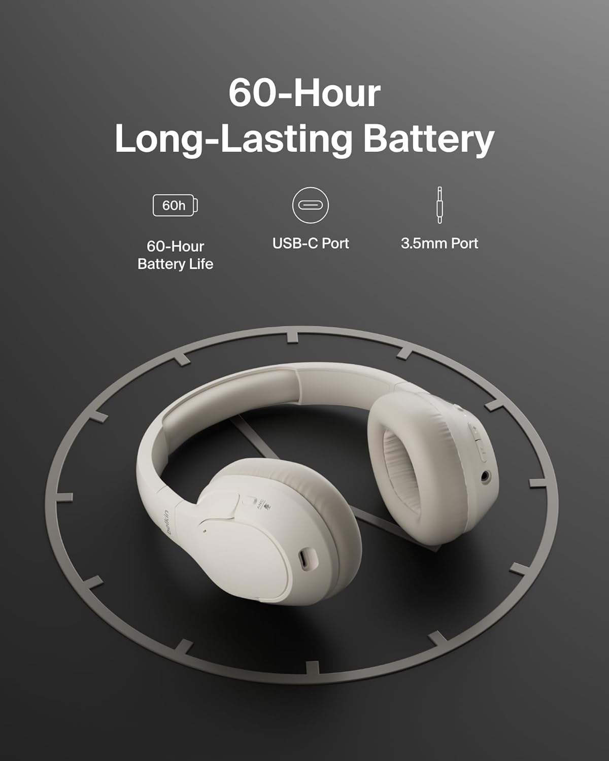 Noise Cancelling Wireless Bluetooth Headphones Over Ear 60H Playtime