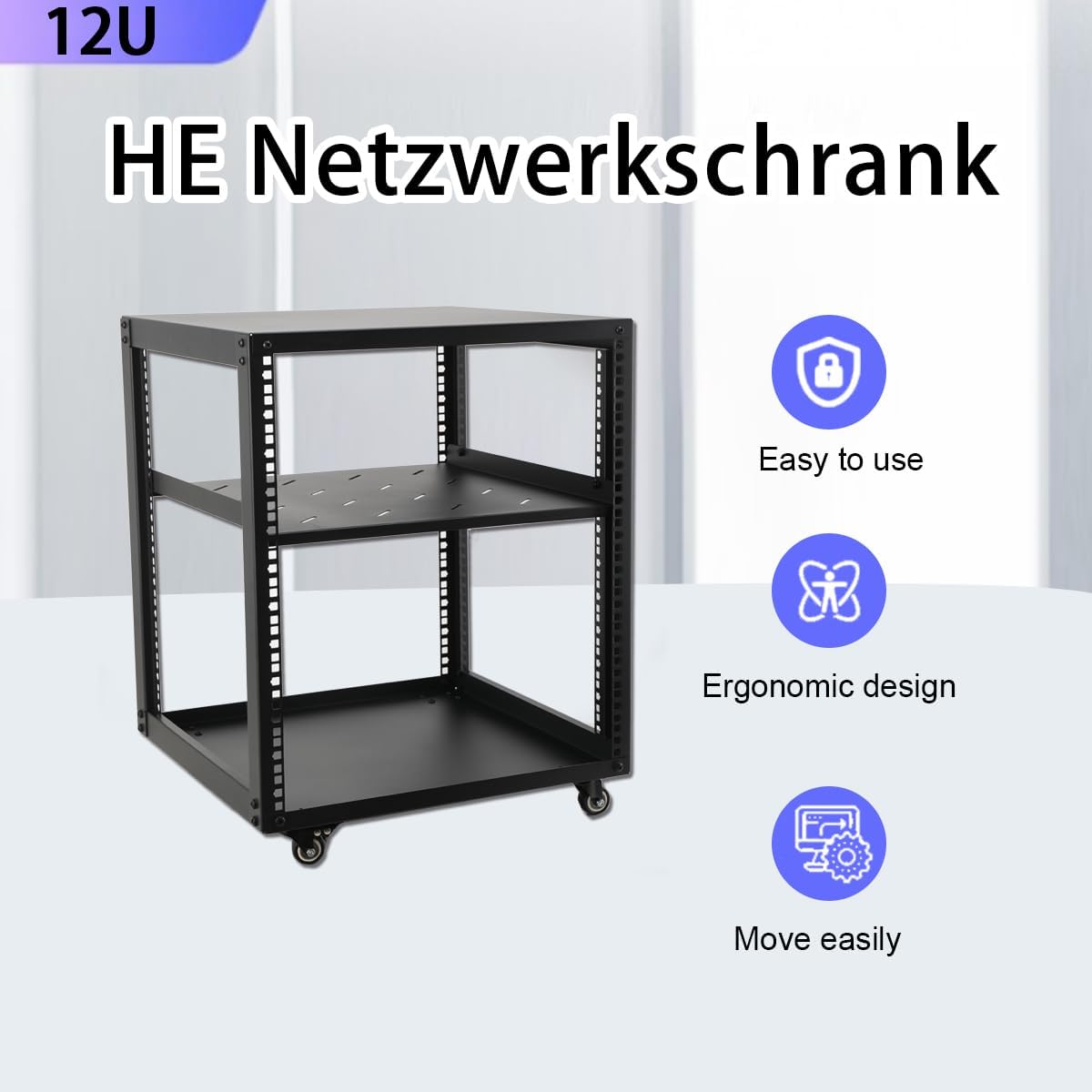 12U Open Frame Network Rack 19 Inch Floor Standing with Wheels