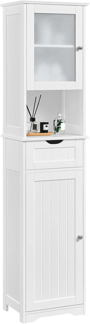 Tall Bathroom Storage Cabinet Glass Door Drawer Shelf