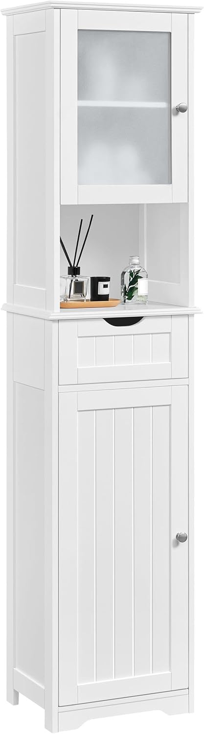 Tall Bathroom Storage Cabinet Glass Door Drawer Shelf