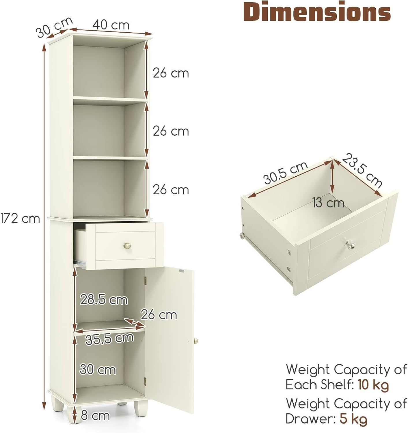 Slim Tall Storage Cabinet Beige Drawer Shelf Door Unit