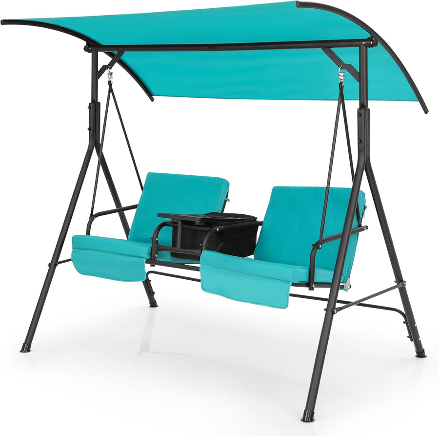 2 Seater Swing Chair Canopy Cooler Tray Turquoise