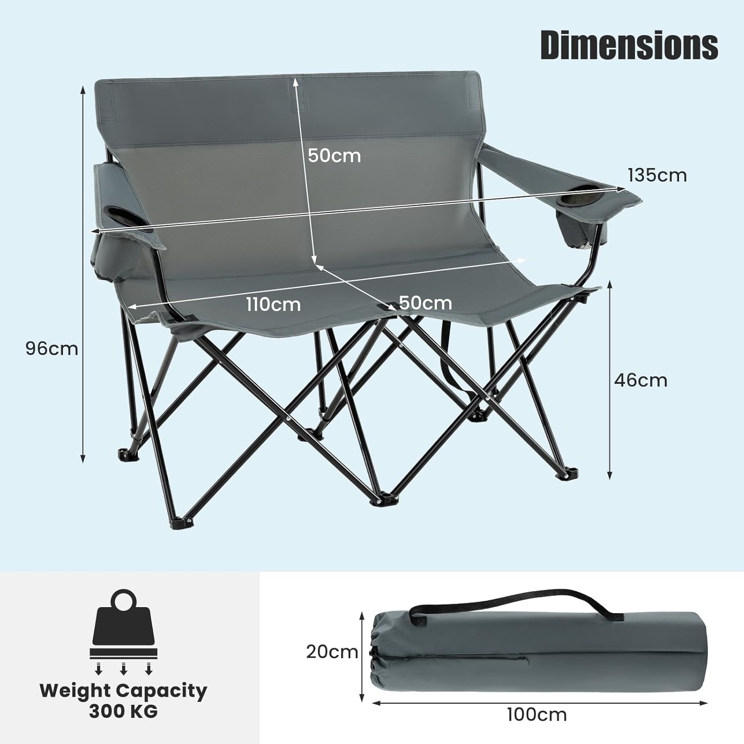 Double Camping Loveseat Chair 300KG Foldable Grey