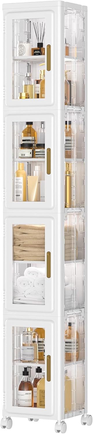4 Tier Slim Plastic Storage Cabinet Clear Wheels Adjustable Shelf