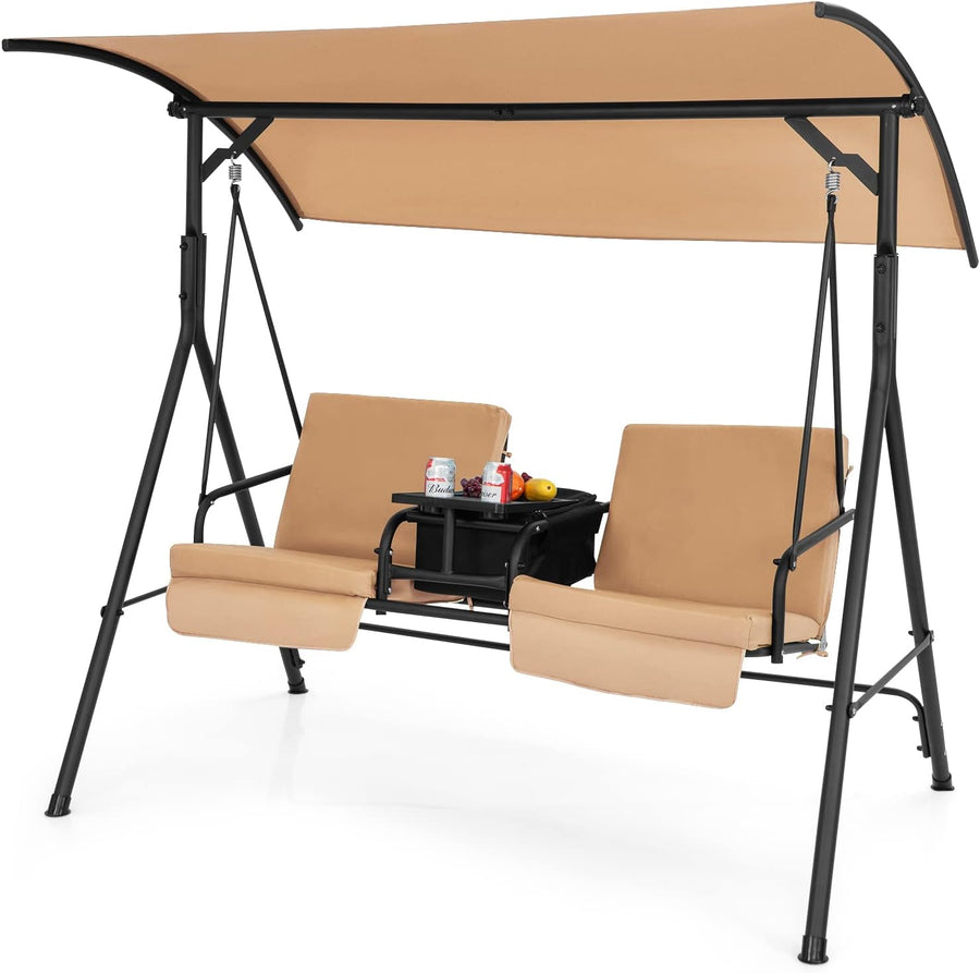 2 Person Garden Swing Chair Beige Canopy Cooler Tray
