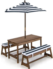Kids Wooden Picnic Table Bench Set w/Umbrella Blue