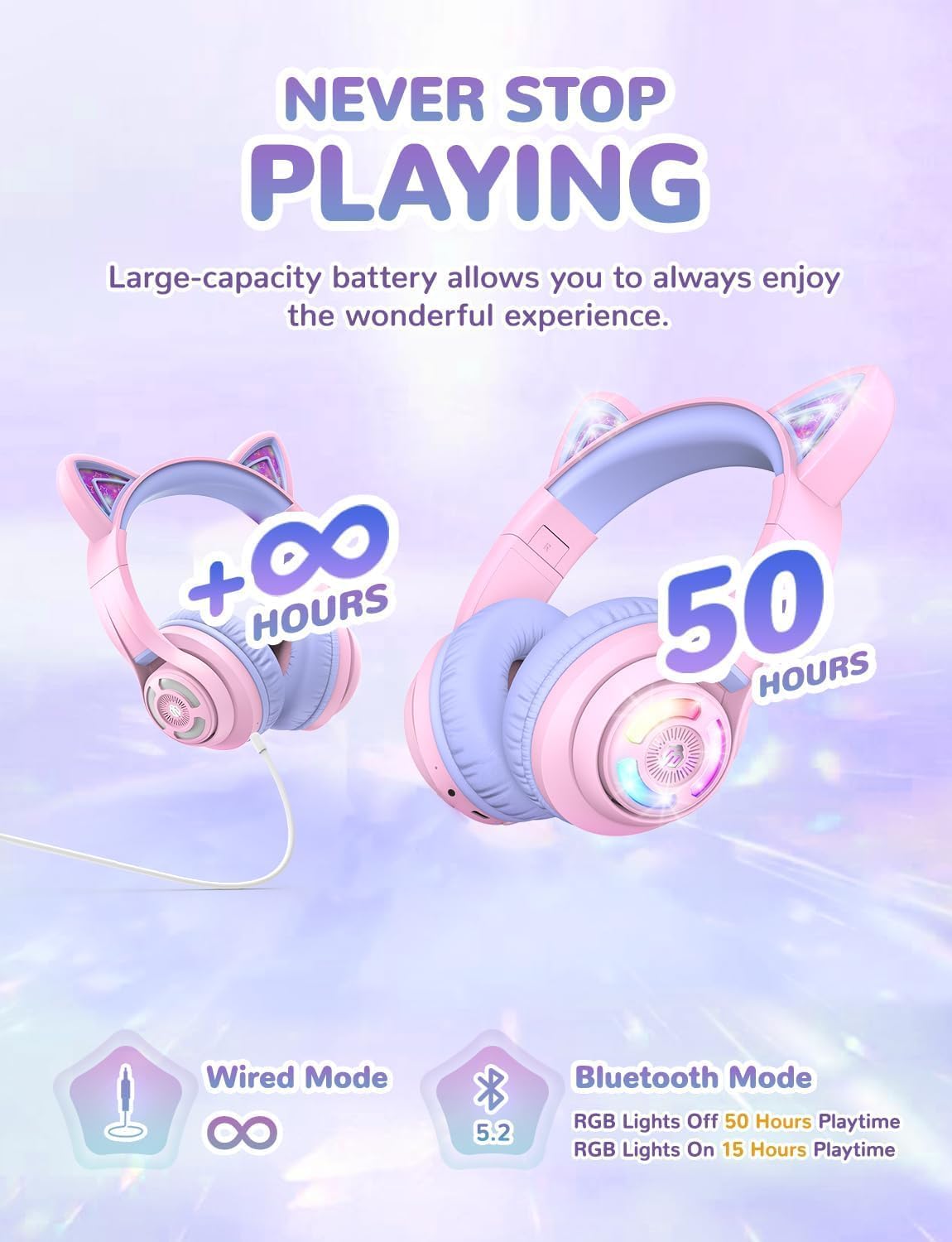 Kids Bluetooth Cat Ear Headphones LED Lights Safe Volume 50 Hour