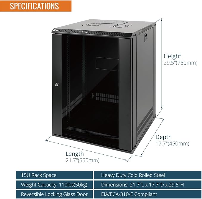15U Wall Mount Server Cabinet 450mm Glass Door Black