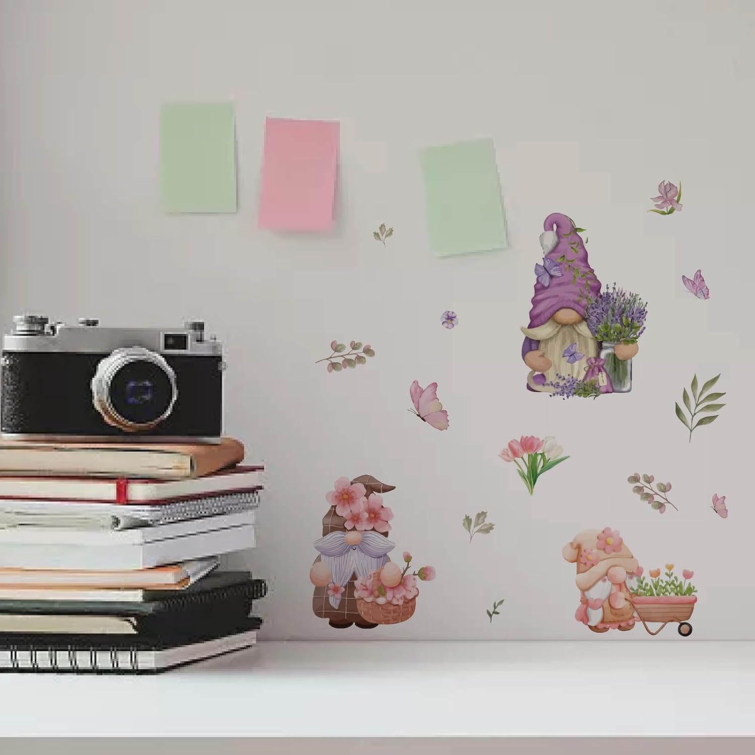 Gnome Window Stickers Floral Reusable Waterproof PVC Wall Decals 8pcs
