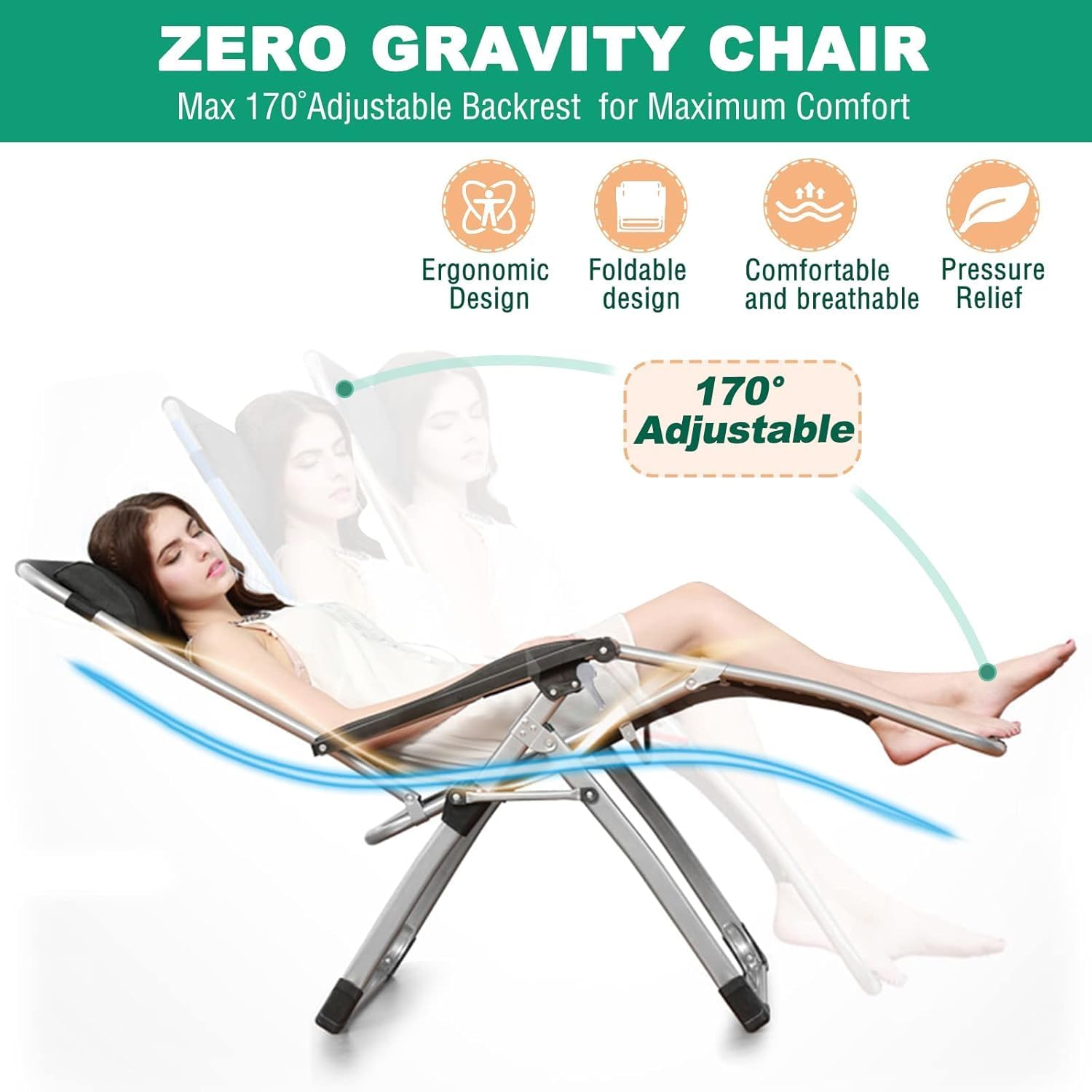 Zero Gravity Folding Sun Lounger Garden Recliner Chair Stone Gray