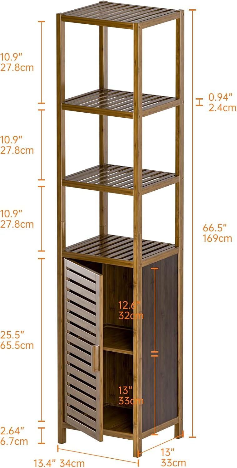 Bamboo Tall Storage Cabinet Walnut Open Shelf Door Unit