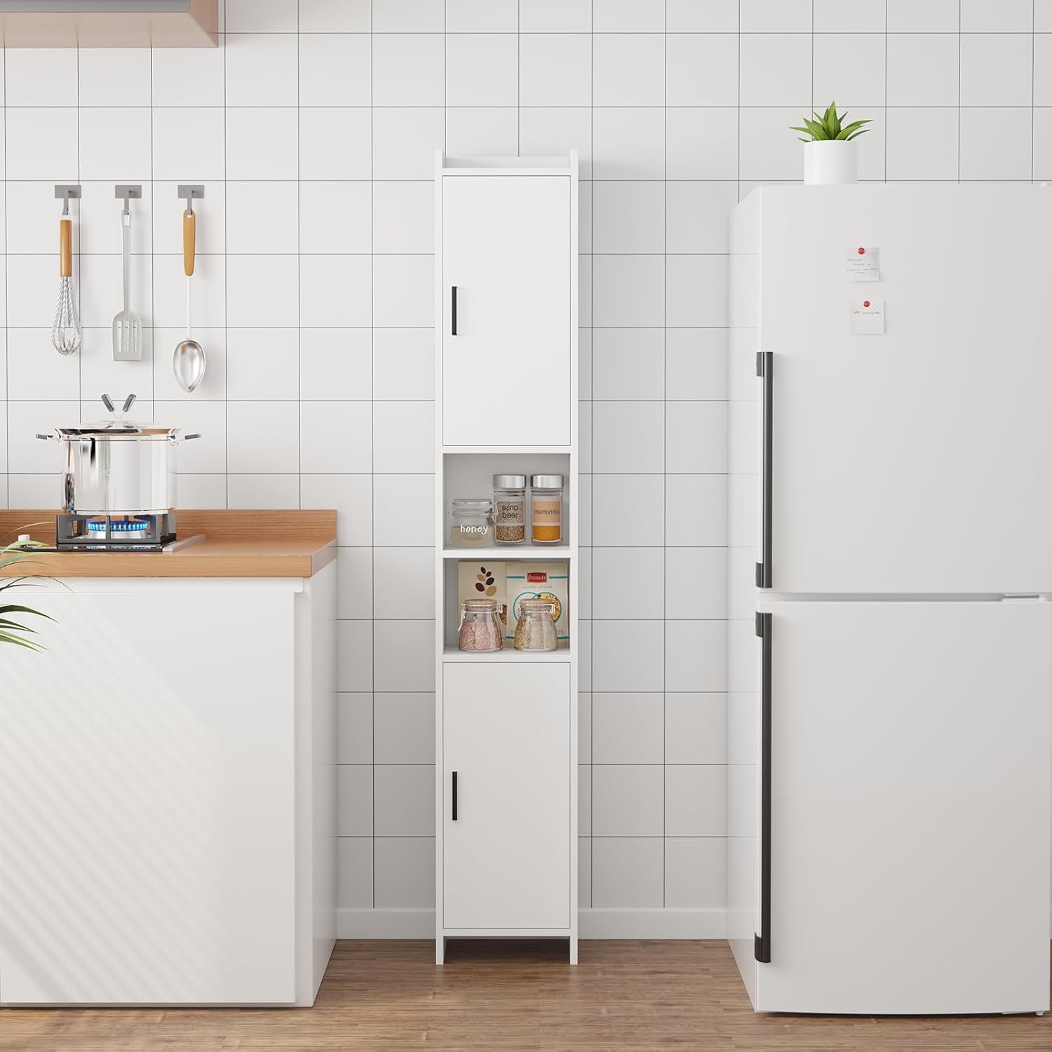 Tall Slim Storage Cabinet White Door Shelves 6 Tier Unit
