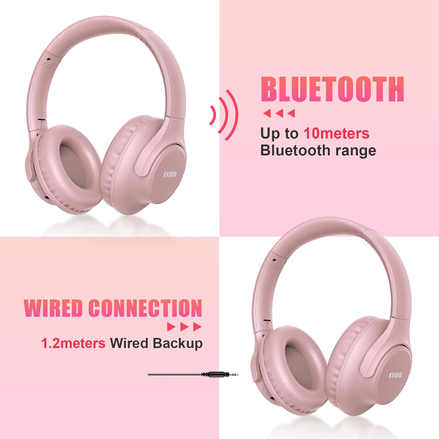 Pink Bluetooth Over Ear Headphones 65H Playtime Foldable Deep Bass