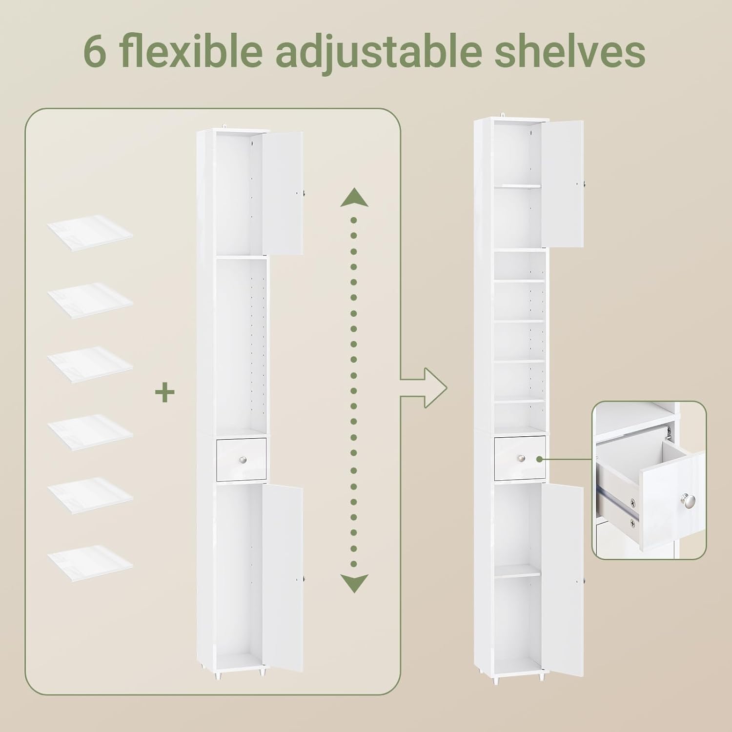 Slim Tall Bathroom Cabinet High Gloss White Drawer 180cm