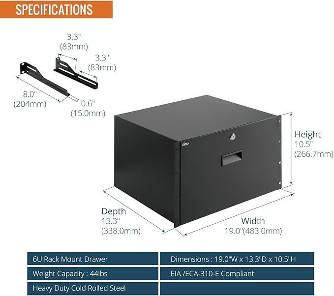 6U 19in Lockable Rack Drawer Steel Cabinet Mount