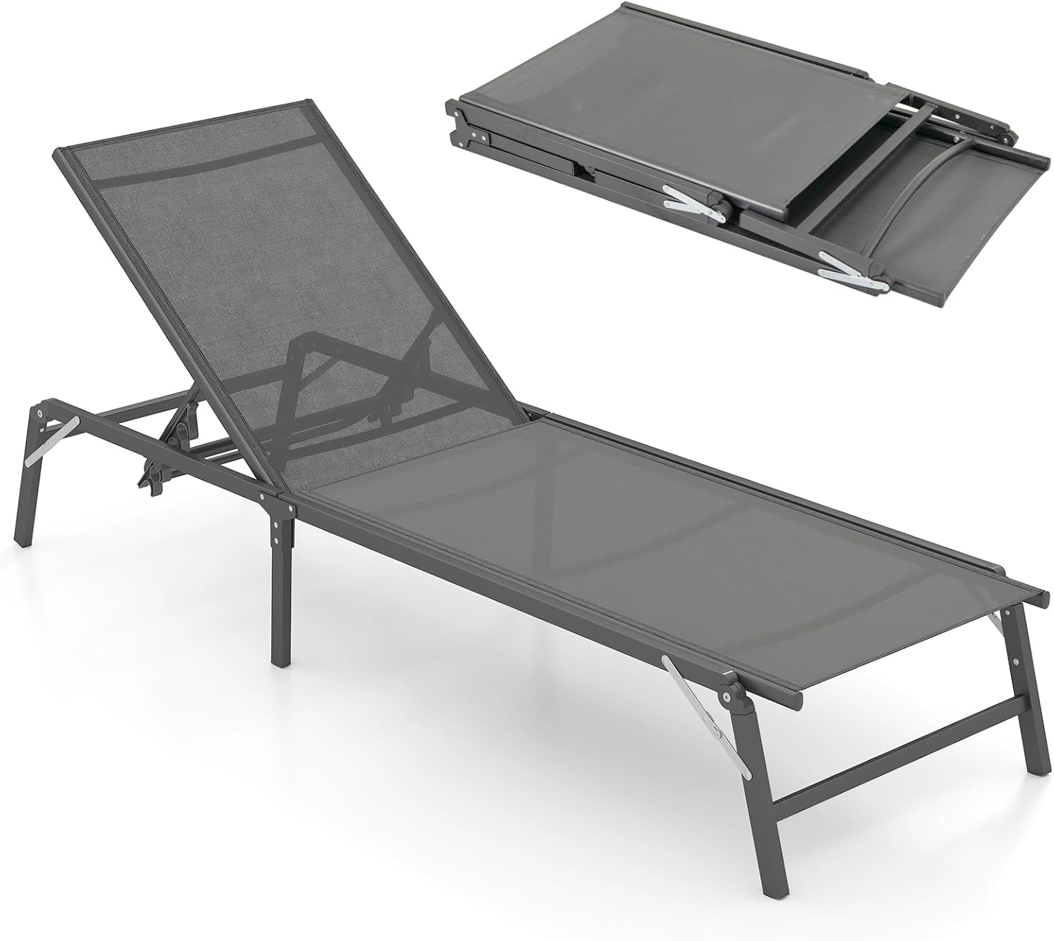 Folding Sun Lounger 5 Position Reclining Garden Chair Grey