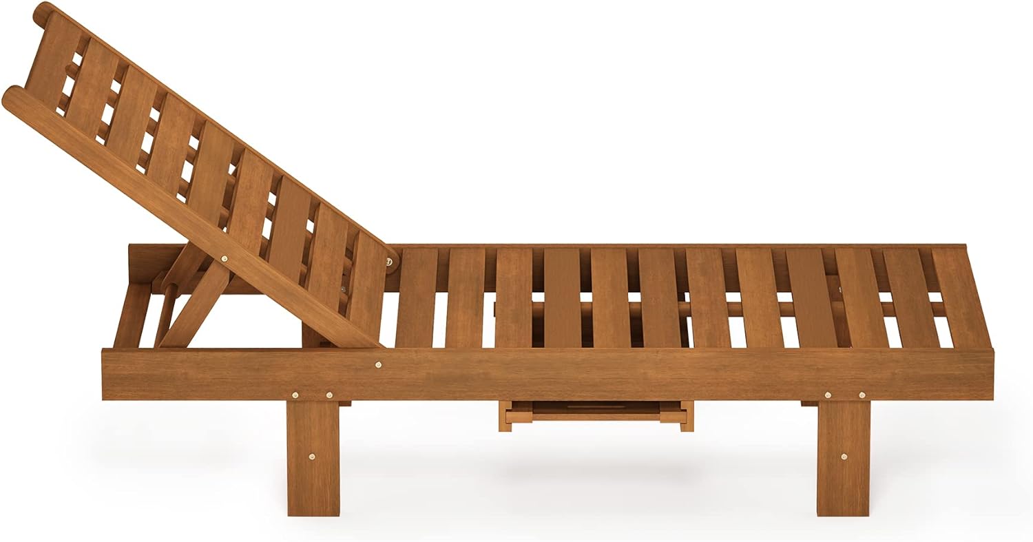 Wooden Outdoor Sun Lounger Adjustable Chair with Tray Natural