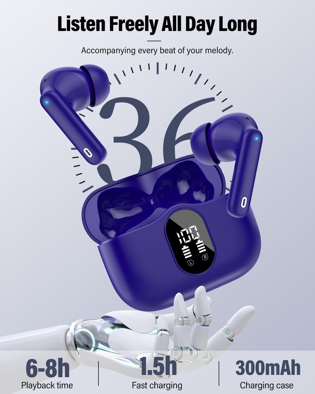 Wireless Bluetooth 5.4 Earbuds ENC Noise Cancelling 36H Playtime LED