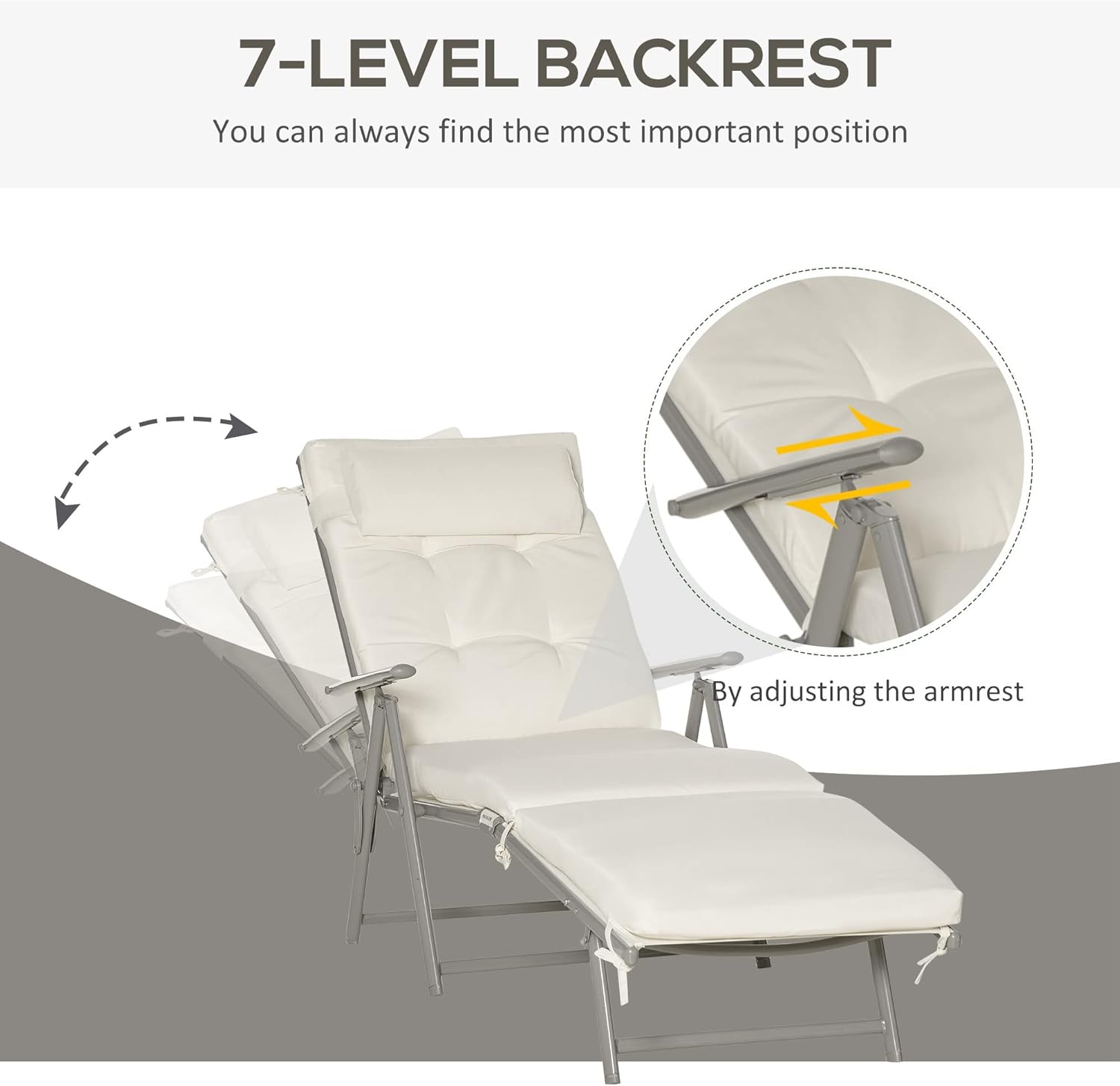 7 Level Folding Sun Lounger Recliner Cream White