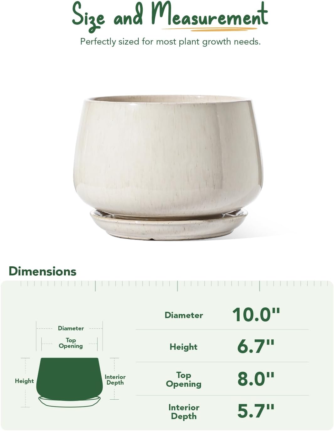25cm Ceramic Plant Pot Beige Modern Planter with Drainage Saucer