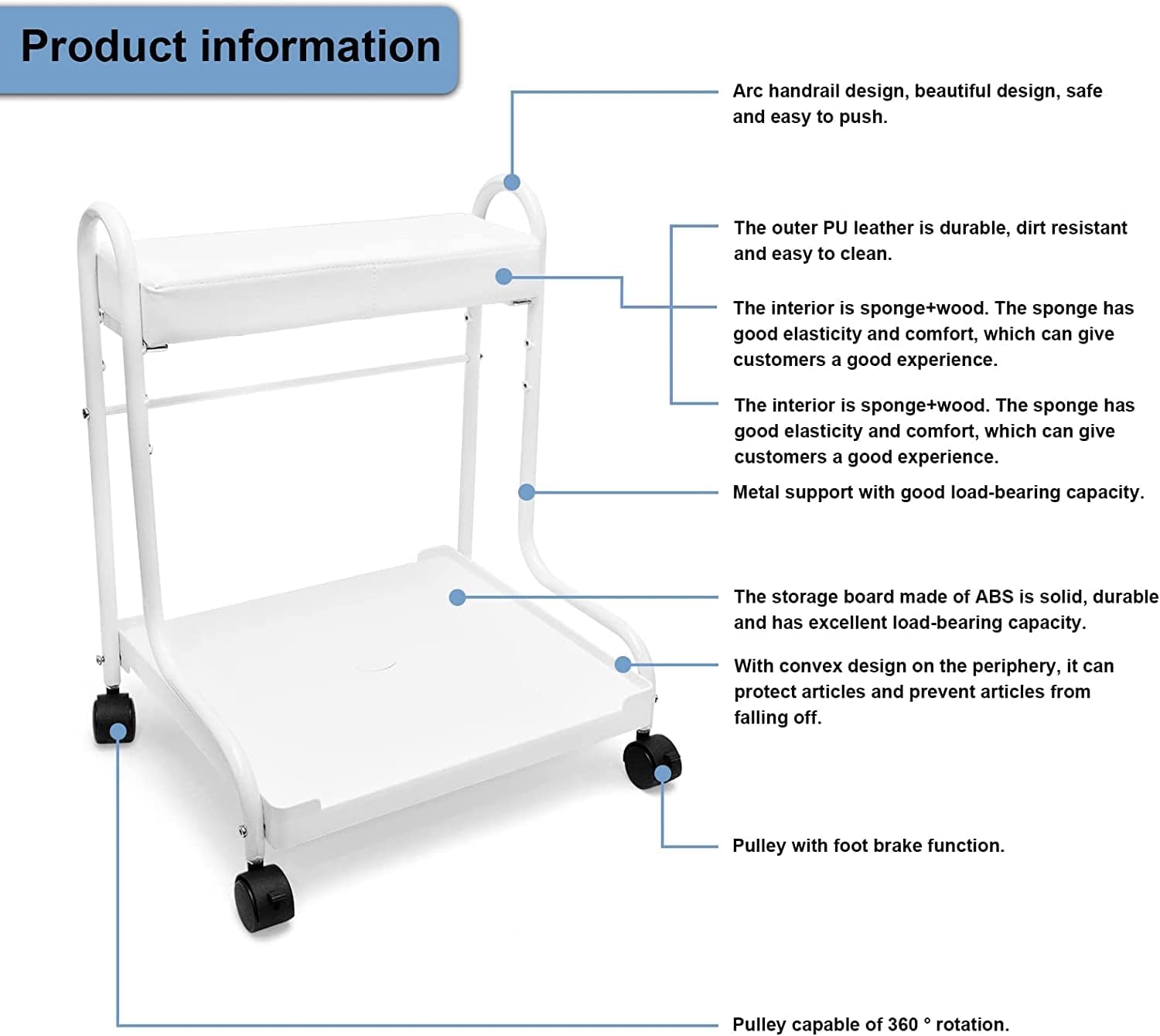 Pedicure Foot Rest Trolley Adjustable Height Salon Spa Cart