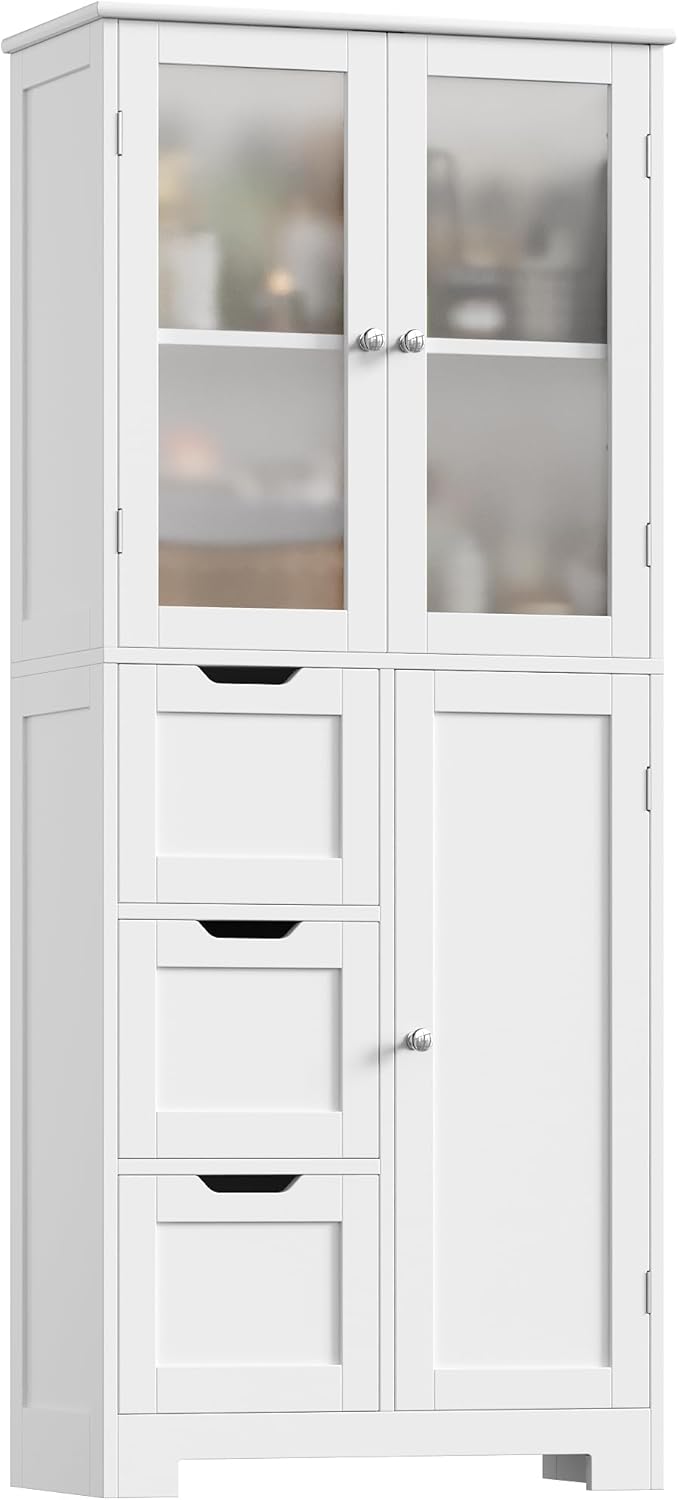 Tall Storage Cabinet White 3 Door 3 Drawer Shelf Unit