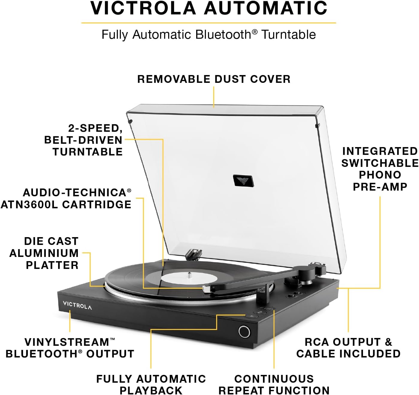 Automatic Bluetooth Turntable 2 Speed Record Player Black