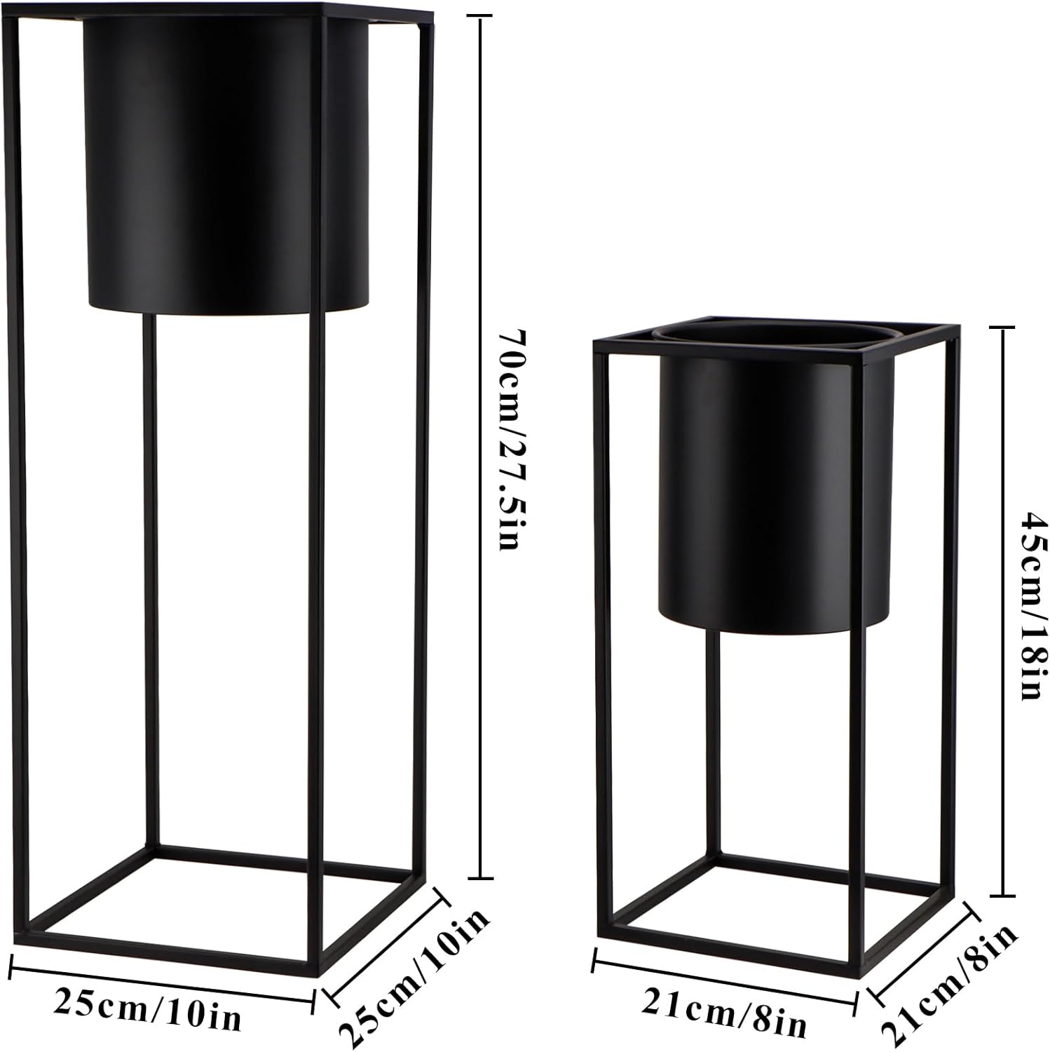 Metal Planters with Stand Set of 2 Black Tall Pots 70cm 45cm