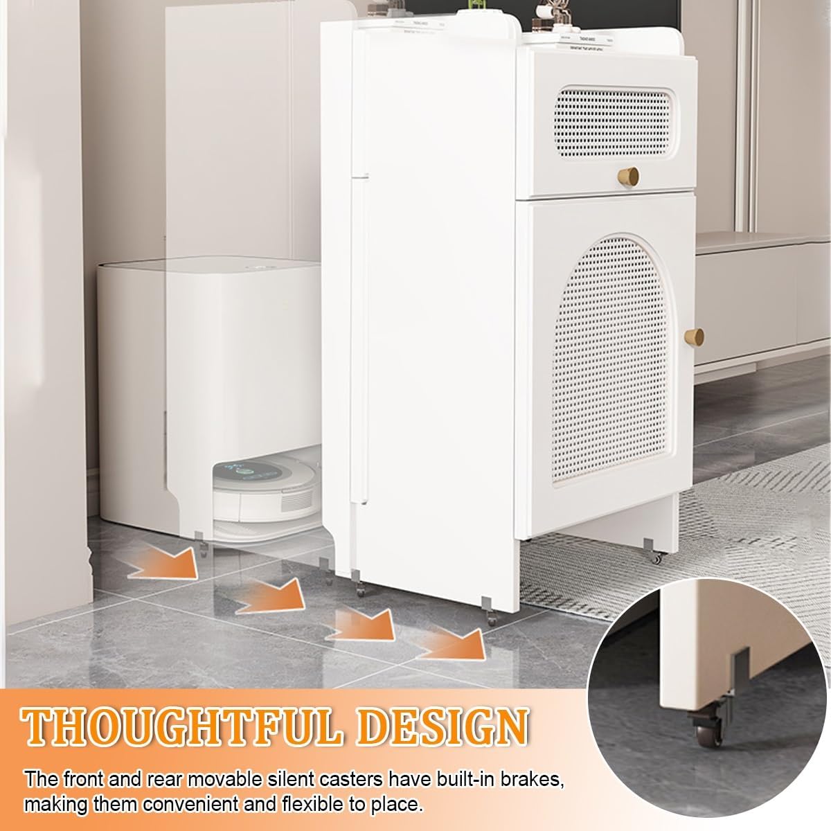 Robot Vacuum Storage Cabinet Side Table w Wheels Doors 75cm