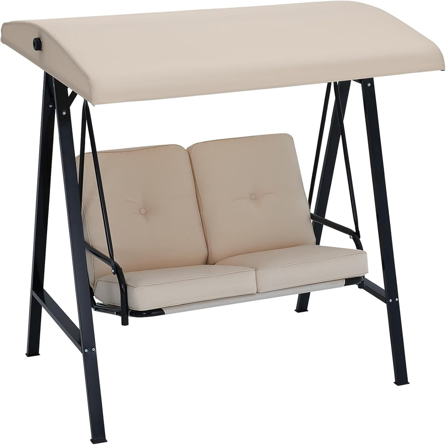 2 Seater Garden Swing Chair with Canopy Cushion Beige