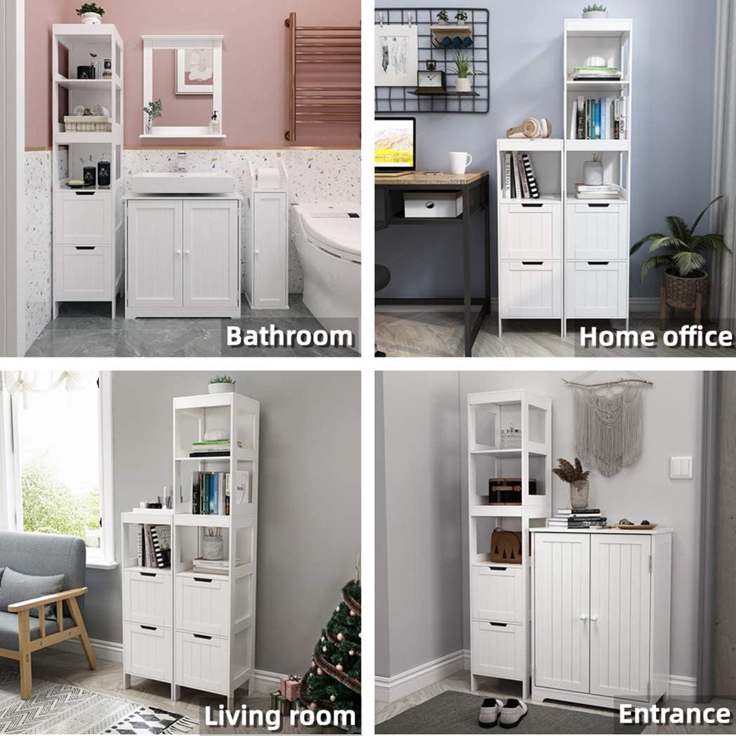 Tall Slim Bathroom Storage Cabinet 2 Drawers 3 Shelves White MDF