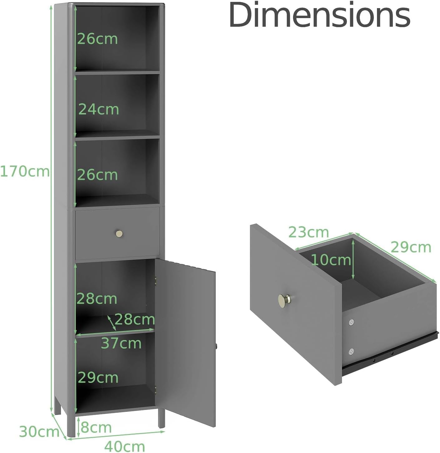 Slim Bathroom Tall Cabinet Drawer Shelf Unit Grey