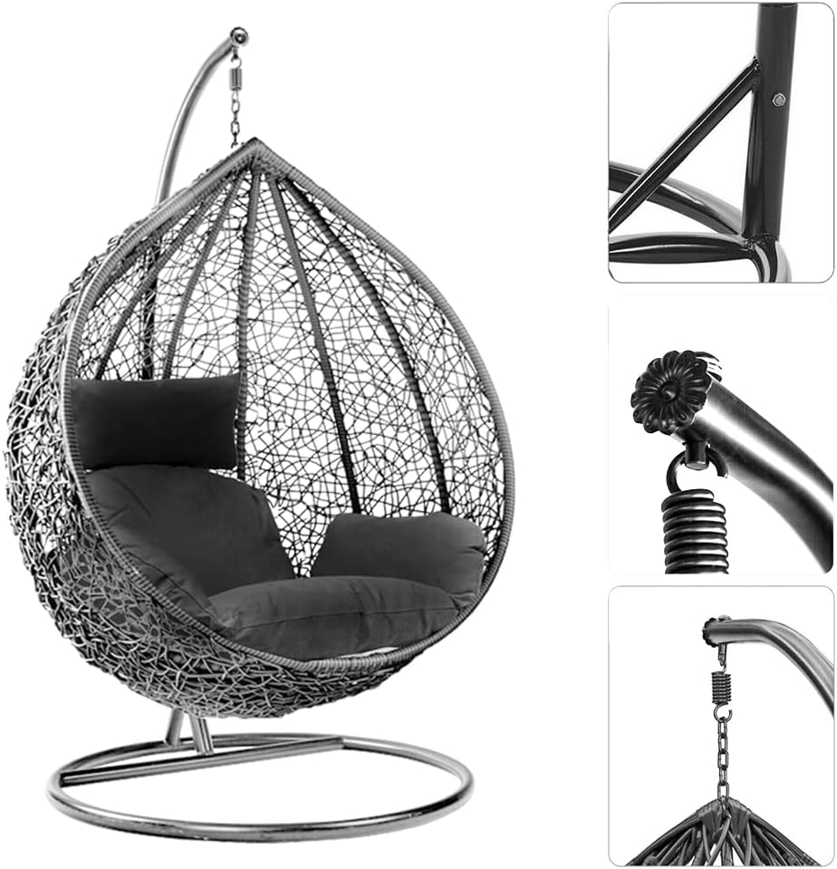 Black Rattan Egg Swing Chair with Stand Cushion Indoor Outdoor