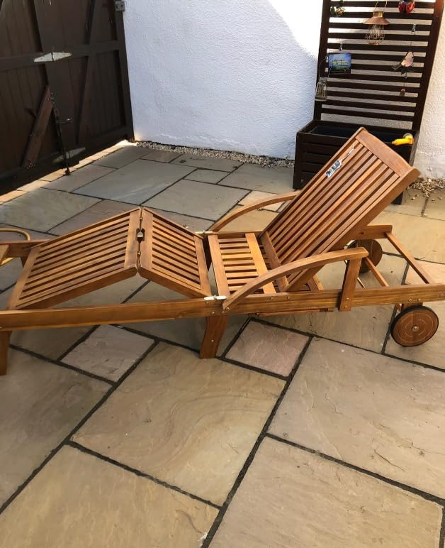 Acacia Wood Sun Lounger with Wheels Tray Adjustable