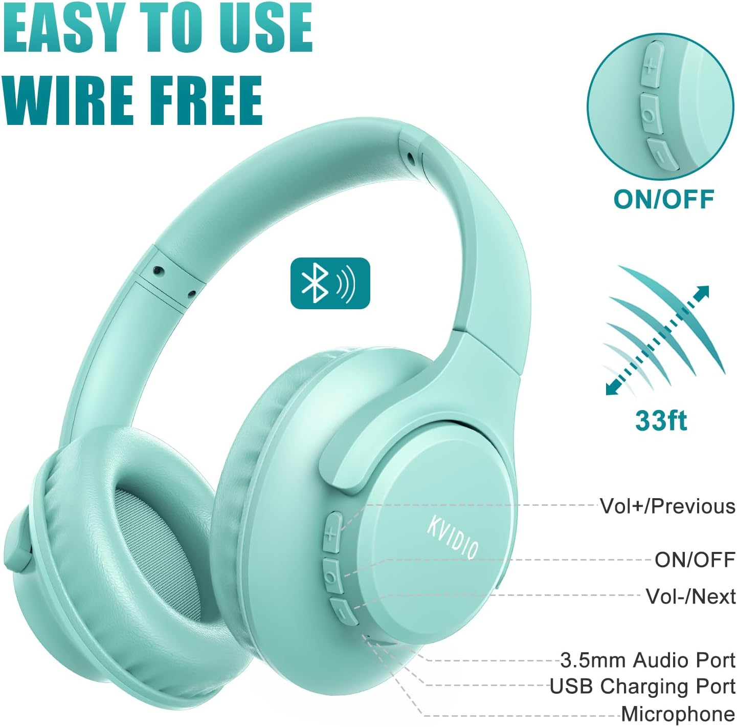 Green Bluetooth Over Ear Headphones 65H Playtime Foldable Deep Bass
