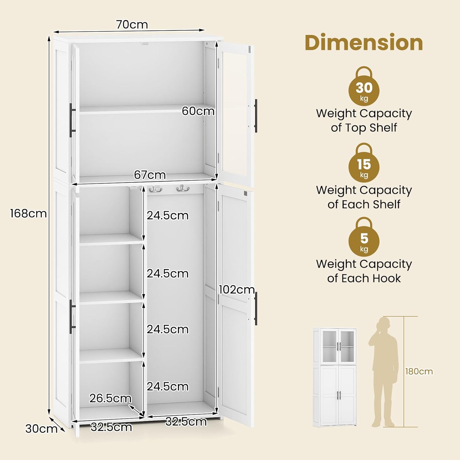 Tall Storage Cabinet White Glass Door Hook Shelf Unit