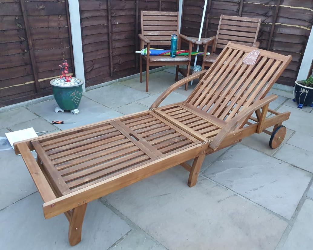 Acacia Wood Sun Lounger with Wheels Tray Adjustable