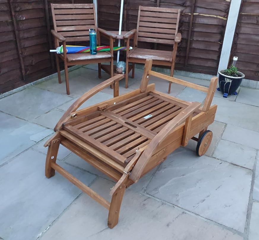 Acacia Wood Sun Lounger with Wheels Tray Adjustable